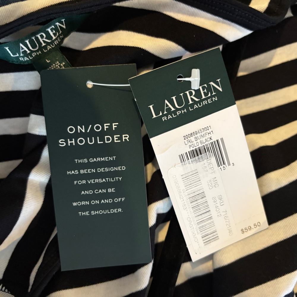 ❗️NWT LAUREN Ralph Lauren Black and White Striped Cotton Blend Blouse Large - Picture 4 of 7